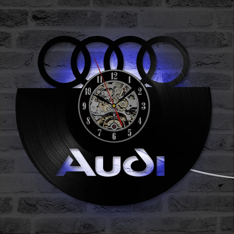 Audi Benz coche Logo vinilo registro pared reloj 3D decorativo colgante Vintage reloj LED pared reloj hogar Decoración regalo para coche amante Audi Benz coche Logo vinilo registro pared reloj 3D decorativo colgante Vintage reloj LED pared reloj hogar Decoración regalo para coche amante
