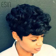 Esin Mixed Hair 70% Human Hair + 30% Synthetic Hair Short Curly Pixie Cut Natural Black Wigs for African American Black Women