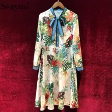 Svoryxiu Autumn Winter Runway Floral Print Dress Women's Elegant Long Sleeve luxury Beading Vintage Knee Length Dresses Female