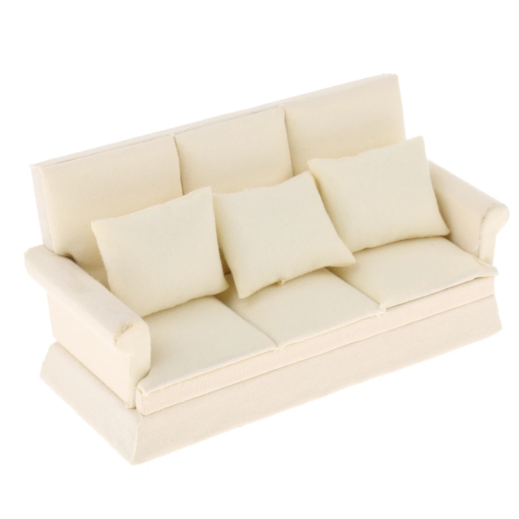 

Modern Wood Miniature Three-seat Couch Sofa Pillow Miniature Furniture Set for 1:12 Scale Dollhouse Accessory Beige