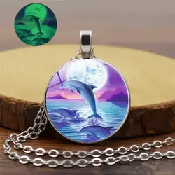 Дельфин фото leap на море уровень Круглый Стекло выпуклой ожерелье в темноте светящиеся украшения подарок для женщин