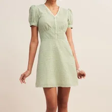 Высококачественное хлопковое мини-платье в клетку с v-образным вырезом и сборкой на талии-Повседневное платье с коротким рукавом зеленого/черного цвета