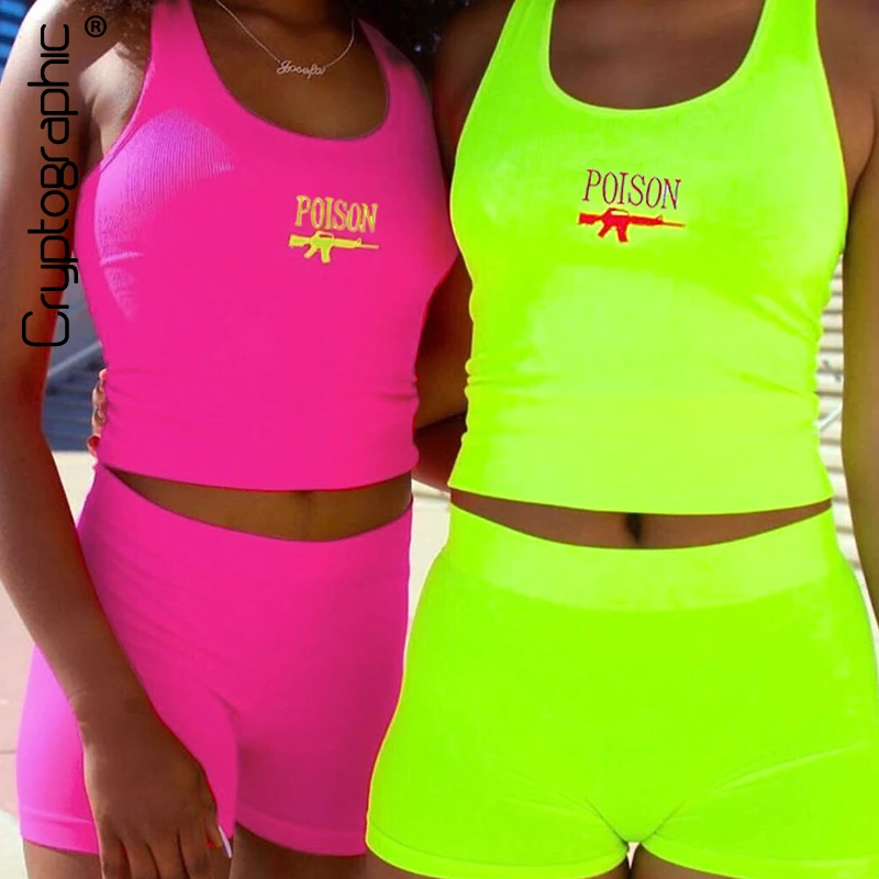 

Cryptographic Letter Embroidery Neon Fashion Matching Sets Sexy Two Piece Set Straps Crop Tops High Waist Shorts Summer Outfits