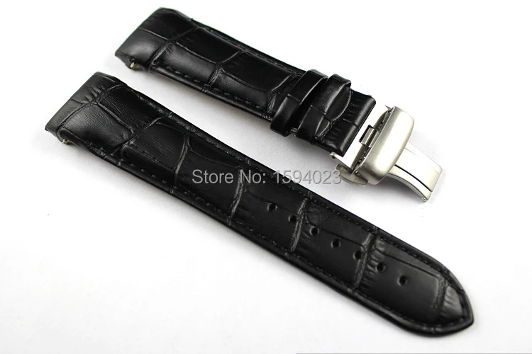 Günstige 23mm (Buckle 20mm) t035617A Hohe Qualität Silber Schmetterling Schnalle + T035439 Schwarz Echtes Leder curved end Armband gürtel mann