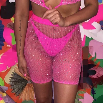 

Women Beach Wear Sexy Sets Fishnet Rhinestone Bra + Fishnet Shorts + Underwear Swimwear Swimsuit Bikini Cover Up Summer Cover Up