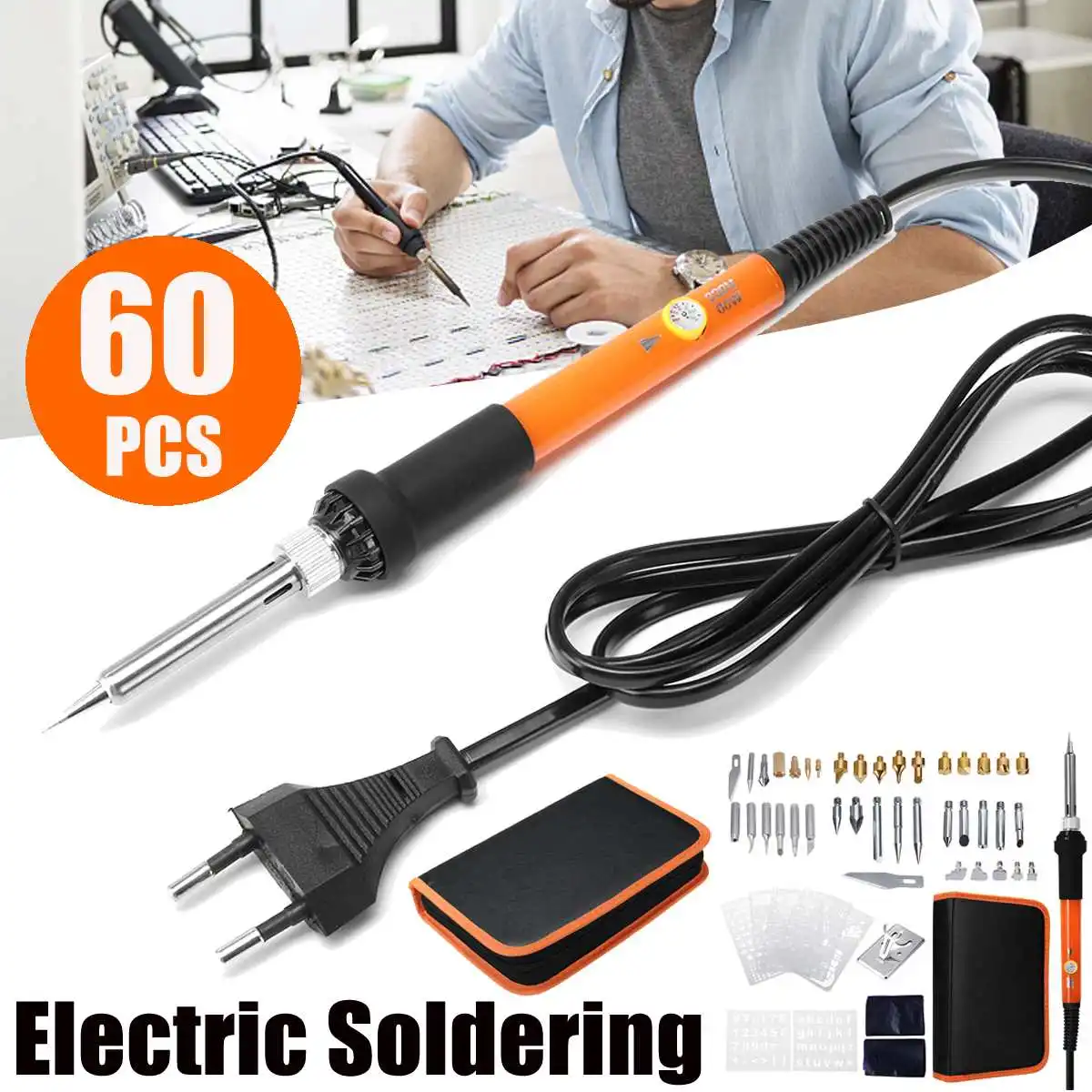 

60W 60Pcs EU Plug Wood Burning Pen & Assorted Tips Set Engraved Adjustable Temperature Soldering Iron Soldering Tools
