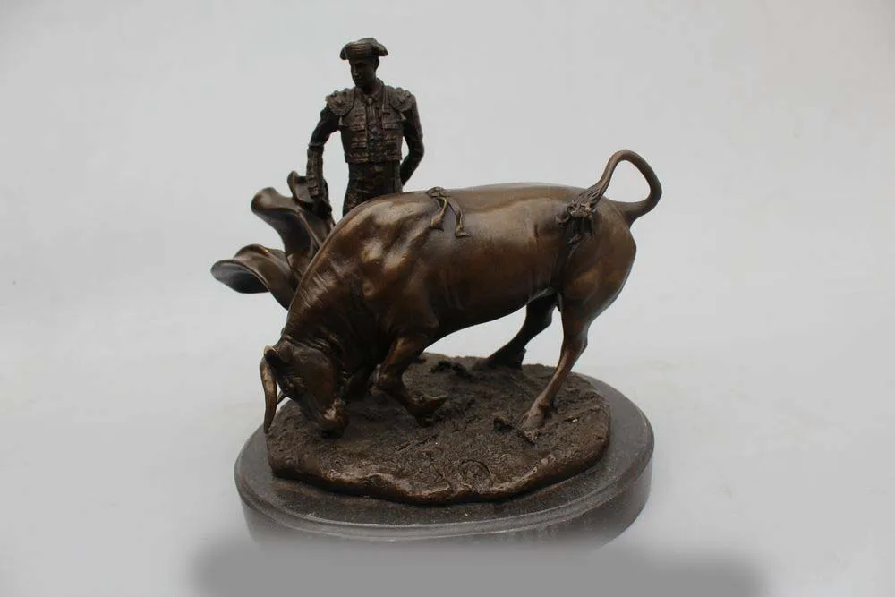

10"Western Art sculptur Bronze Marble Famous Spain Matador Bull Statue