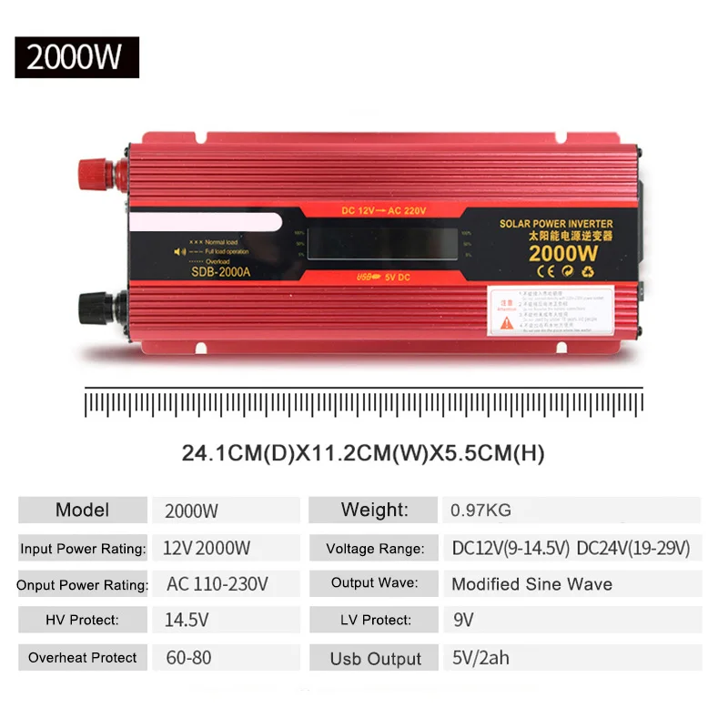 Автомобильный инвертор 12v 220v 2000W Мощность USB Зарядное устройство светодиодный
