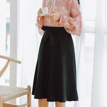 

2019 Elegant Women High Waist Skirt Pleated Knee Length Vintage Skirt Ladies Fashion Big Bow Lace Up Harajuku Skirts