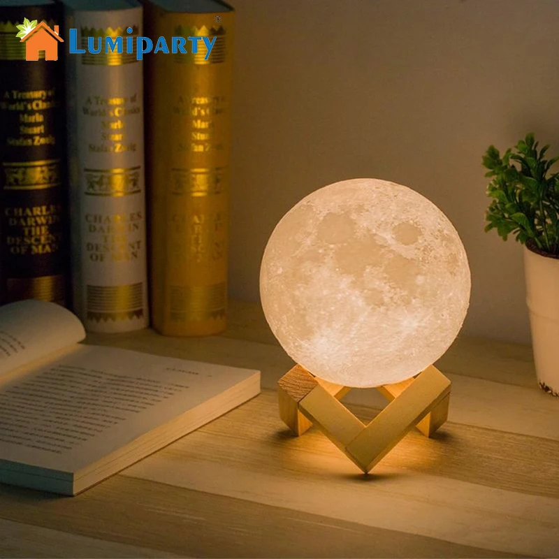 LumiParty Simulation 3D Moon Night Light 3 LEDs USB Rechargeable Moonlight Desk Lamp with Wood Base | Освещение