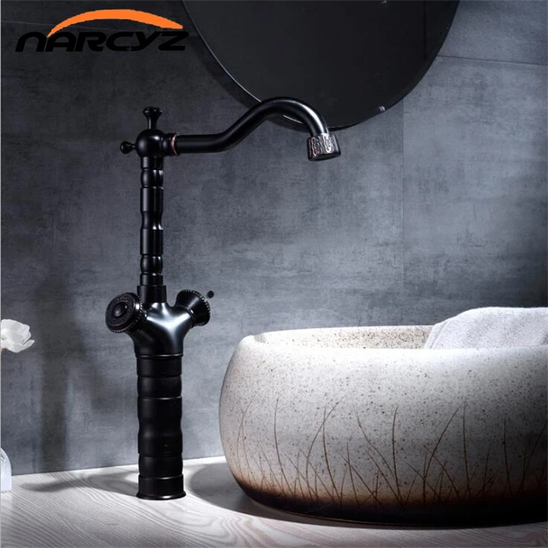 حوض الحنفيات الأسود العتيقة النحاس مزدوجة عبر مقبض الحمام بالوعة صنبور طويل القامة قطب صنبور Bathbasin الغرور خلاط الصنابير B563