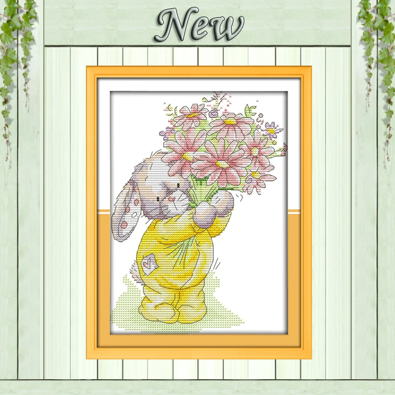 

Yellow Rabbit present a bouquet flower painting counted Print on canvas DMC11CT 14CT Cross Stitch kits Needlework Sets embroider