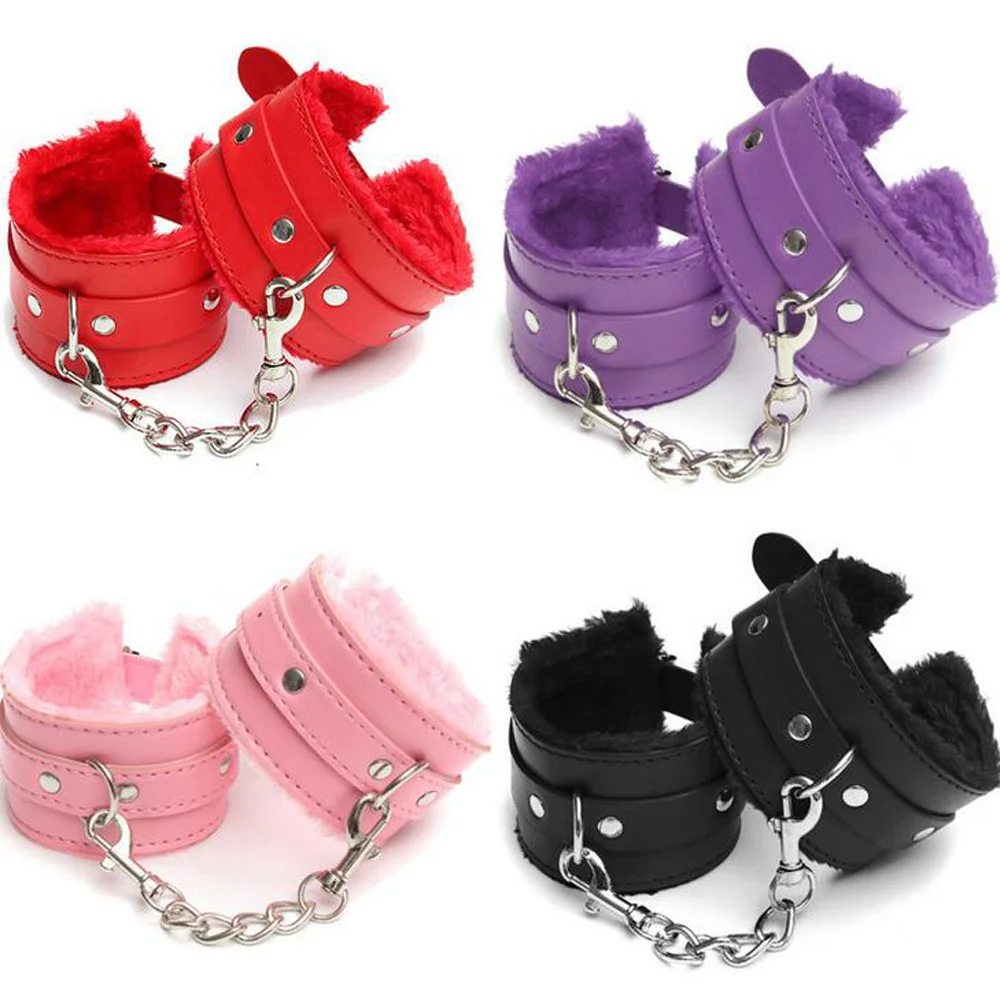 purple and red plush leather handcuffs, alternative toys, hands and