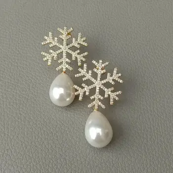 

Teardrop White sea Shell Pearl Cz pave Snowflake Earrings
