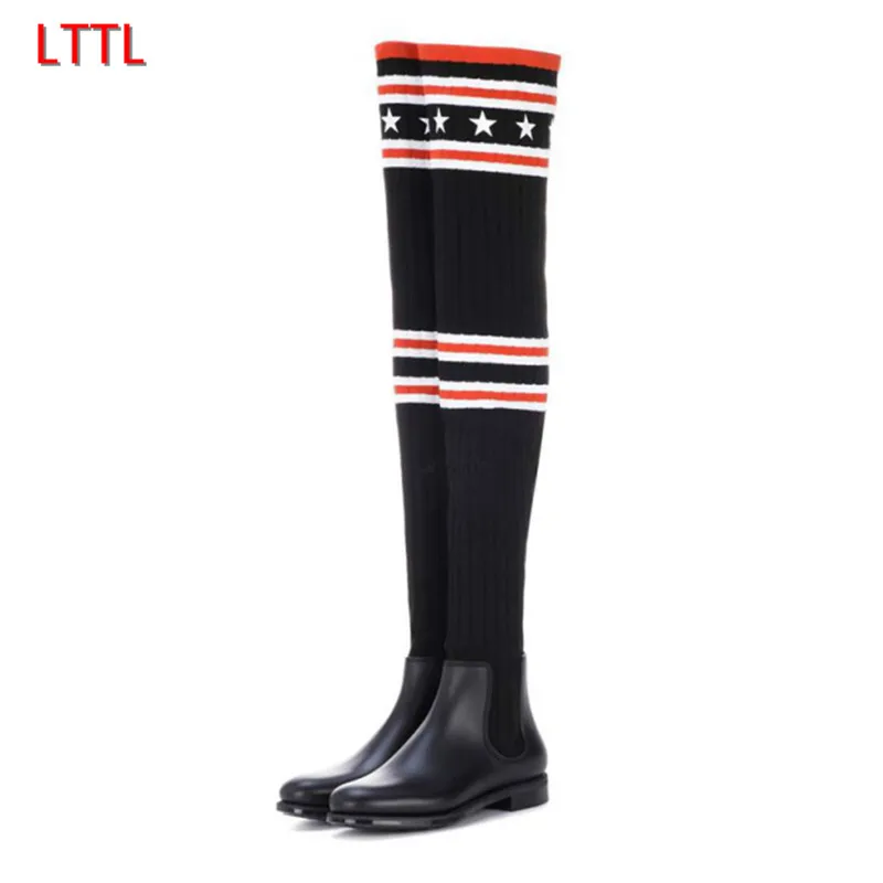 Stretch Wool Knitted Stripe Star Over The Knee Boots Fashion Street Snap Black Leather Flat Long Booties For Women