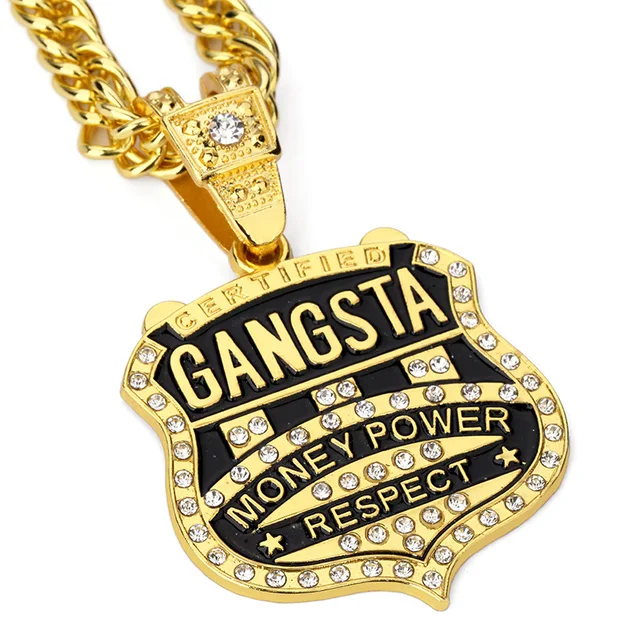 2Pcs/lot GANGSTA Pendant Men Necklace Hip Hop Jewelry Gold Color Music Rock HipHop Rappers