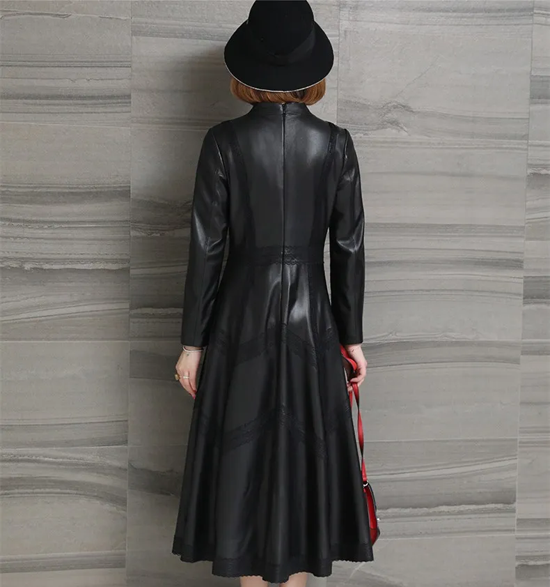 Neuf En Cuir Femmes Coupe Long Véritable Automne vent Noir Survêtement Points Peau De Mouton Veste Manteau Femelle Manches Rétro IY4qxw