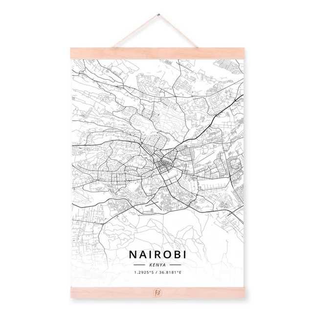 Nairobi, Kenya City Map Wooden Framed Canvas Painting Home Decor Wall