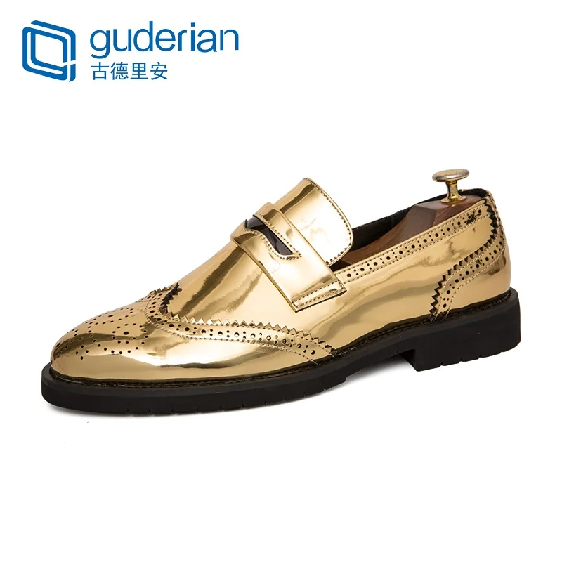 GUDERIAN/Мужские модельные туфли; кожаные мужские туфли; модные мужские туфли-оксфорды золотистого цвета; Heren Schoenen Chaussure Mariage Homme; большие размеры 38-48 - Цвет: Золотой
