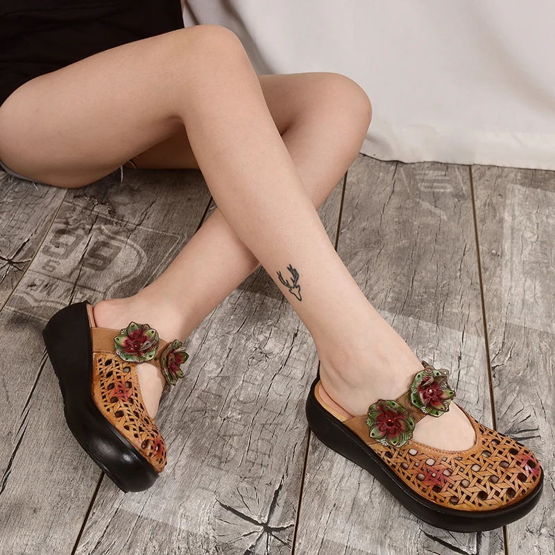

2019 VALLU Round Toes Women Slippers Handmade Retro Flower Hollow Out Genuine Leather Lady Platform Wedge Slides