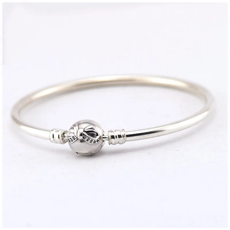 

Silver Bangles Original Authentic 925 Sterling Silver Jewelry Dainty Bow Clasp, Clear CZ, Round Clip Female DIY Wholesale