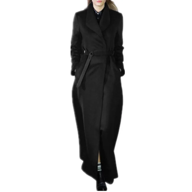 Manteau femme Осень Зима Женское шерстяное простое длинное пальто большого размера короткое длинное пальто с поясом manteau casaco feminino - Цвет: Черный