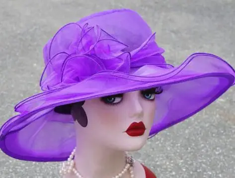 1 шт. элегантная женская шляпа из органзы Кентукки Дерби с широкими полями кружева шляпа от солнца Свадебный церковный вечерние шляпы для женщин волнистые женские шляпы Новинка - Цвет: Фиолетовый