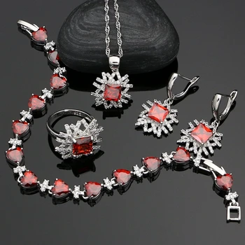 

Silver 925 Jewelry Natural Red Zircon White CZ Bead Jewelry Sets For Women Anniversary Accessories Earrings Ring Necklace Set