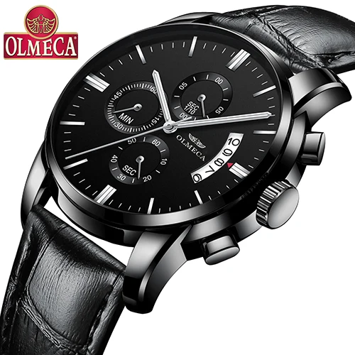 OLMECA часы для мужчин модные повседневные спортивные часы Relogio Masculino хронограф светящийся Водонепроницаемый Бизнес relojes кварцевые часы - Цвет: Leather Black