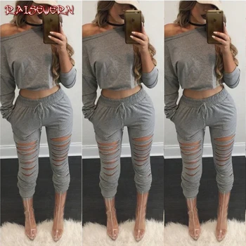 

RAISEVERN Autumn Women Two Piece Set Tracksuit Outfits Sport Suits 2 Piece Pants Sets Women Hollow Out Sweatshirt Crop Top Pants