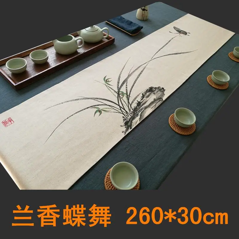 Двухслойный чайный стол Лен дзен ручная роспись ткань коврик флаг из Хлопка Большая церемония на заказ 300*30 см - Цвет: 260and30cm