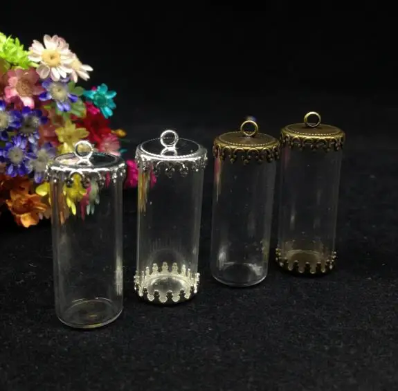 

100pcs 28*12mm wholesale tube jars shape glass wishing bottle with crown tray glass vial pendant fashion necklace diy glass dome