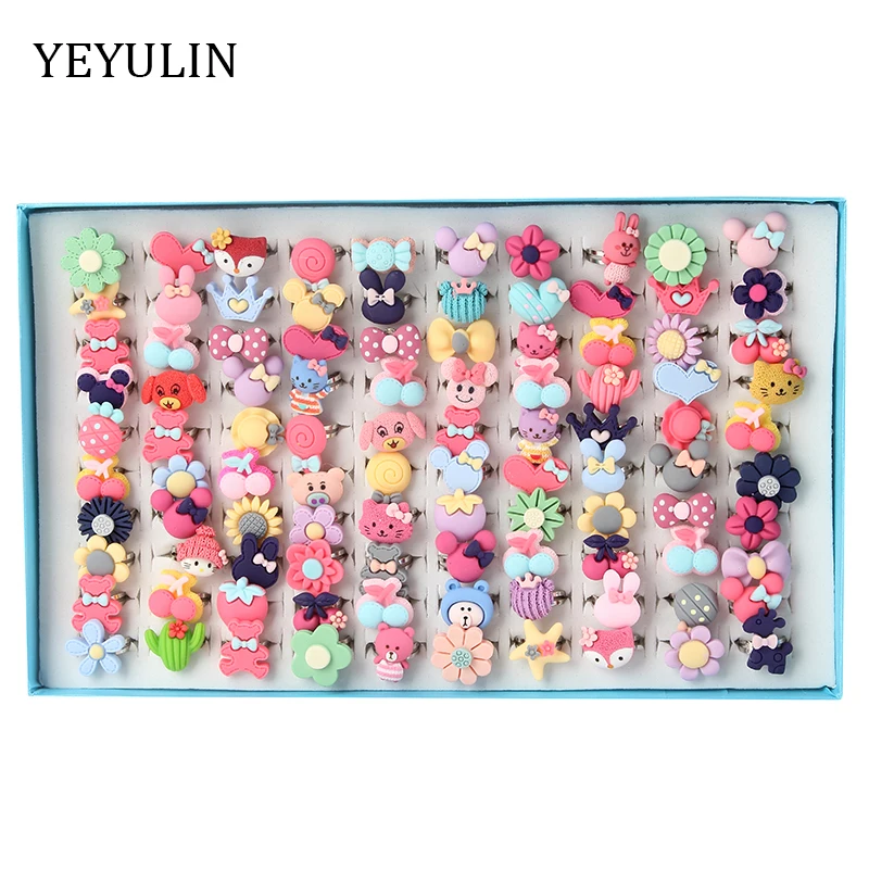 

100pcs Mixed Color Flower Animal Finger Rings Cute Cartoon Resin Rings Jewelry Gift For Children