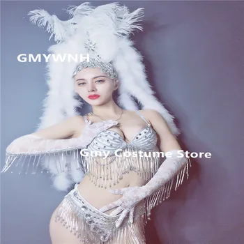 

EC51 Ballroom dance costumes sexy white bra bikini dress dj bodysuit stage wears outfit party performance club feather clothe ds