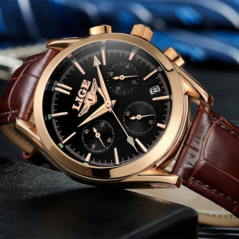 2017 New Fashion Man Watches Top Luxury LIGE Brand Quartz-watch Leather Strap Waterproof Male Business Watches relogio masculino