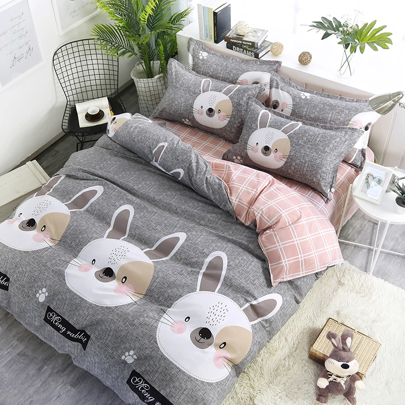 

Cute Gray Cartoon Bear Pattern Pattern Bedding Sets Duvet Cover Set Pillowcase 4Pcs Bed Sheets Full Queen Sizes Kid Or Boys Soft