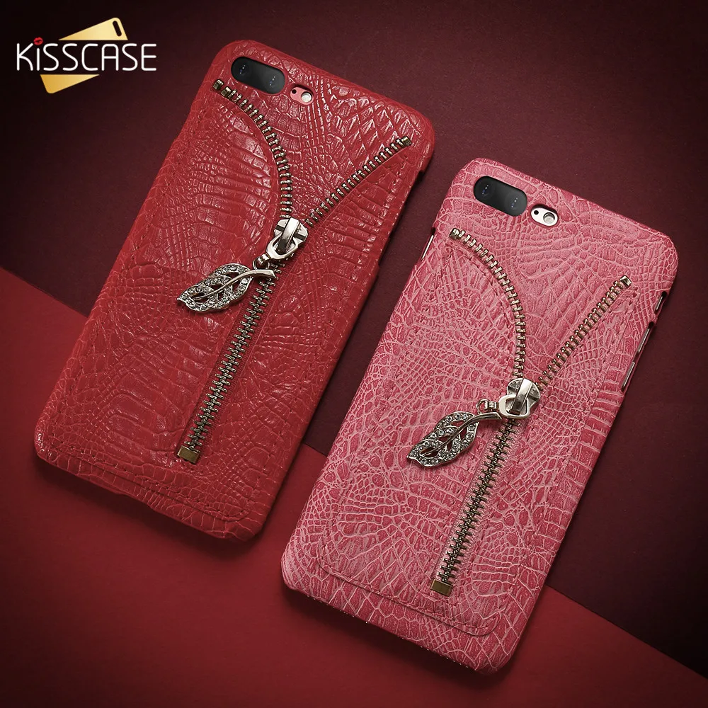 Kisscase кожаный чехол для iPhone 6 S 7 Plus 5 5S SE горный хрусталь листьев крокодил узор слот