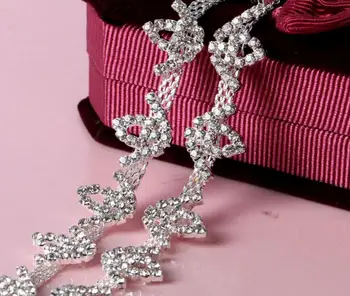 

1yard Crystal Rhinestones Flower Leaf Silver Plated Chain Trim For Wedding dress Collar Decoration