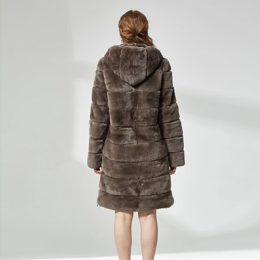Кролик рекс Меховые пальто для женщин высокого качества с меховым капюшоном Настоящее пальто с мехом преобразования Съемная с молнией на рукавах