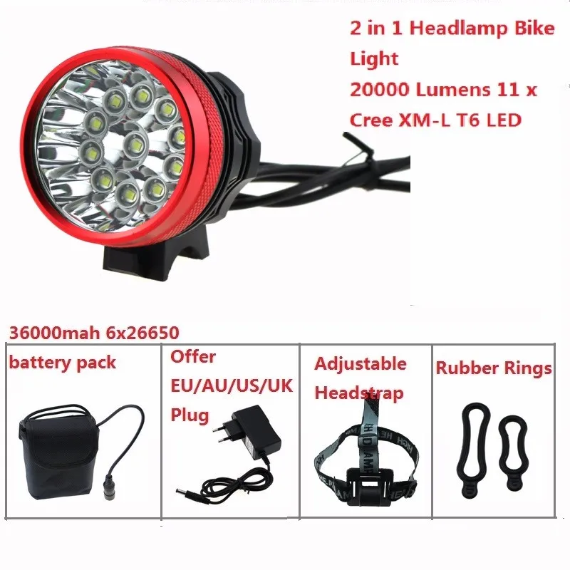 Red - 20000 lumens 6x26650 battery 11T6 bike light