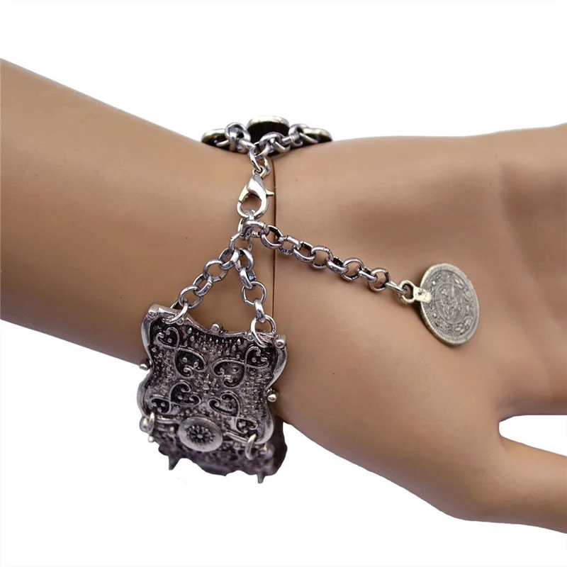 Hippy Boho Pop dangle silver coin Chunky Bohemia sculpté Pièce Bracelets Bangle