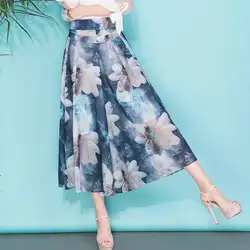 2018 летние модные женские черные широкие шифоновые брюки с цветочным принтом, женские повседневные свободные штаны с эластичной резинкой