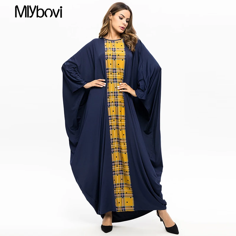 

2019 Spring Women Patchwork Dress O Neck Fashion Muslim Long Bat Sleeve Plaid One Size kaftan islamic Middle East dubai abaya