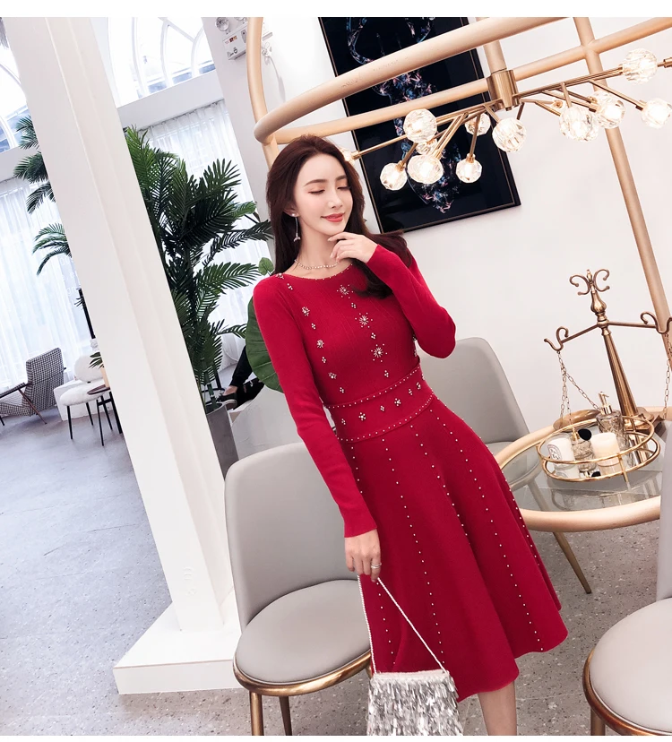 Luxury Goddess Spring Knitted Ball Gown Dress Fashion Women Red Beading Sweater Dress High Quality Elastic Dresses L2825