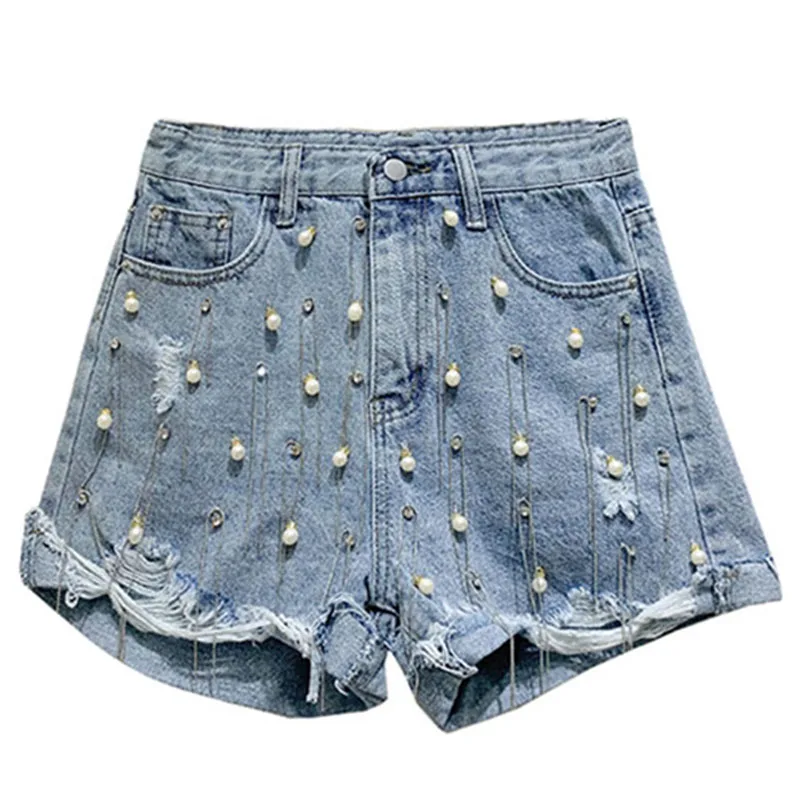 

2019 summer hole heavy work beaded tassel chain studded high waist denim shorts