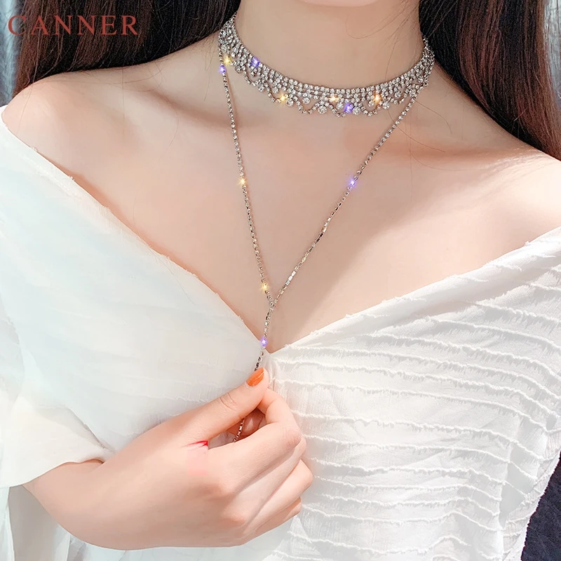Shiny Crystal Rhinestone Choker Necklace Women Silver Gold Chains Long Tassel Necklaces Fashion Jewelry collier femme 2019 C4