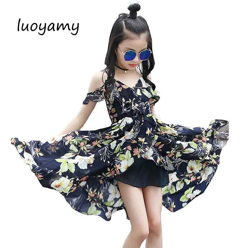 

Girls Summer Bohemia Beach Floral Dress Chiffon V-neck Asymmetrcal Prom Travel Clothes Sleeveless Infant Girl Dresses Princess