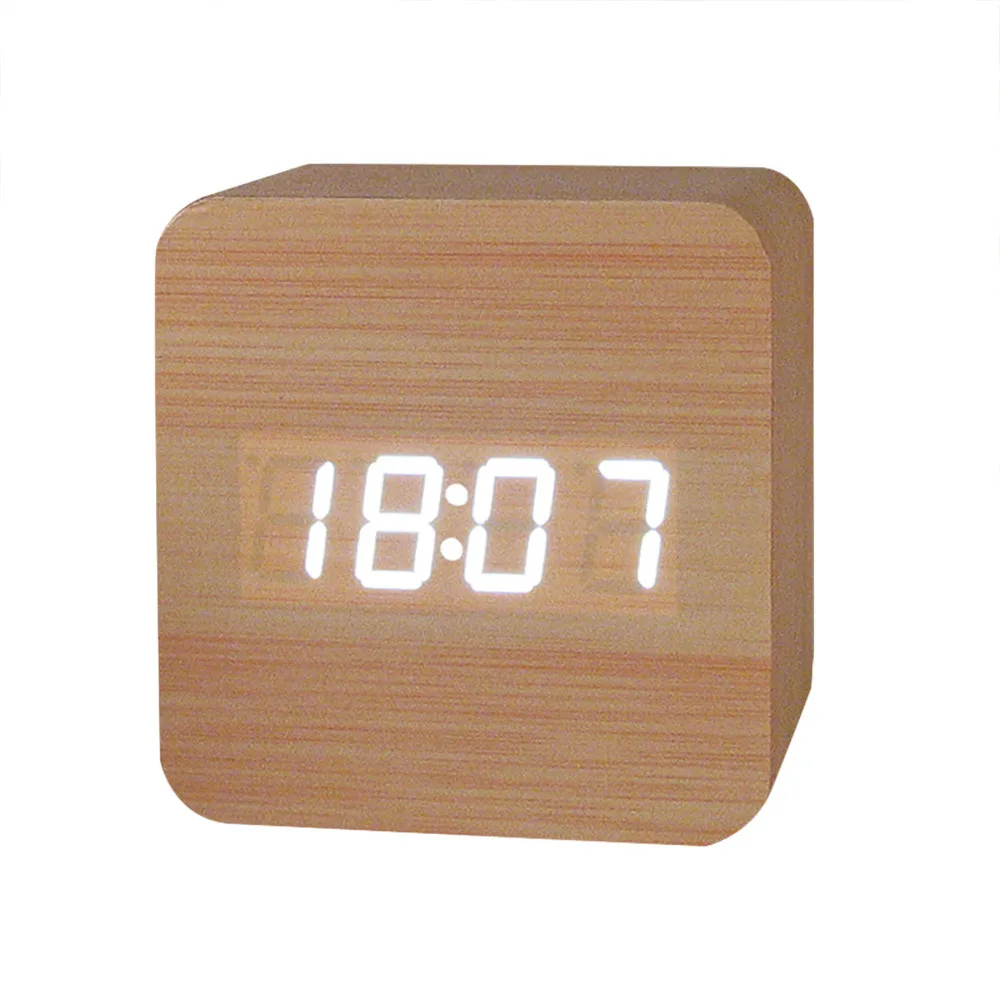 

Wooden LED Clock Creative Temperature Display Sounds Control Electronic LED Alarm Clock home decor Drop shipping 2018
