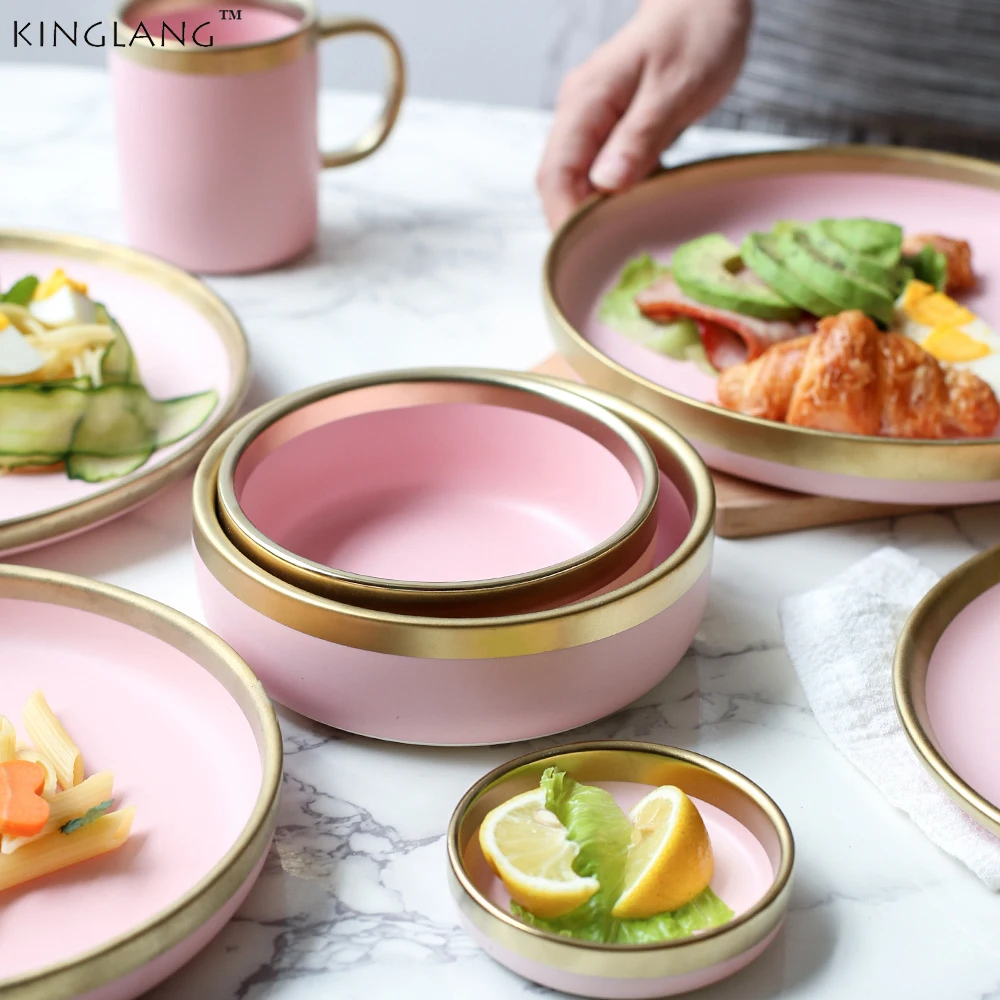 Ceramic Pink Color Golden Slim Dinner Plate Set Mixing Rice Soup Ceramic Pink Color Golden Slim Dinner Plate Set Mixing Rice Soup Ramen Bowl For Lady