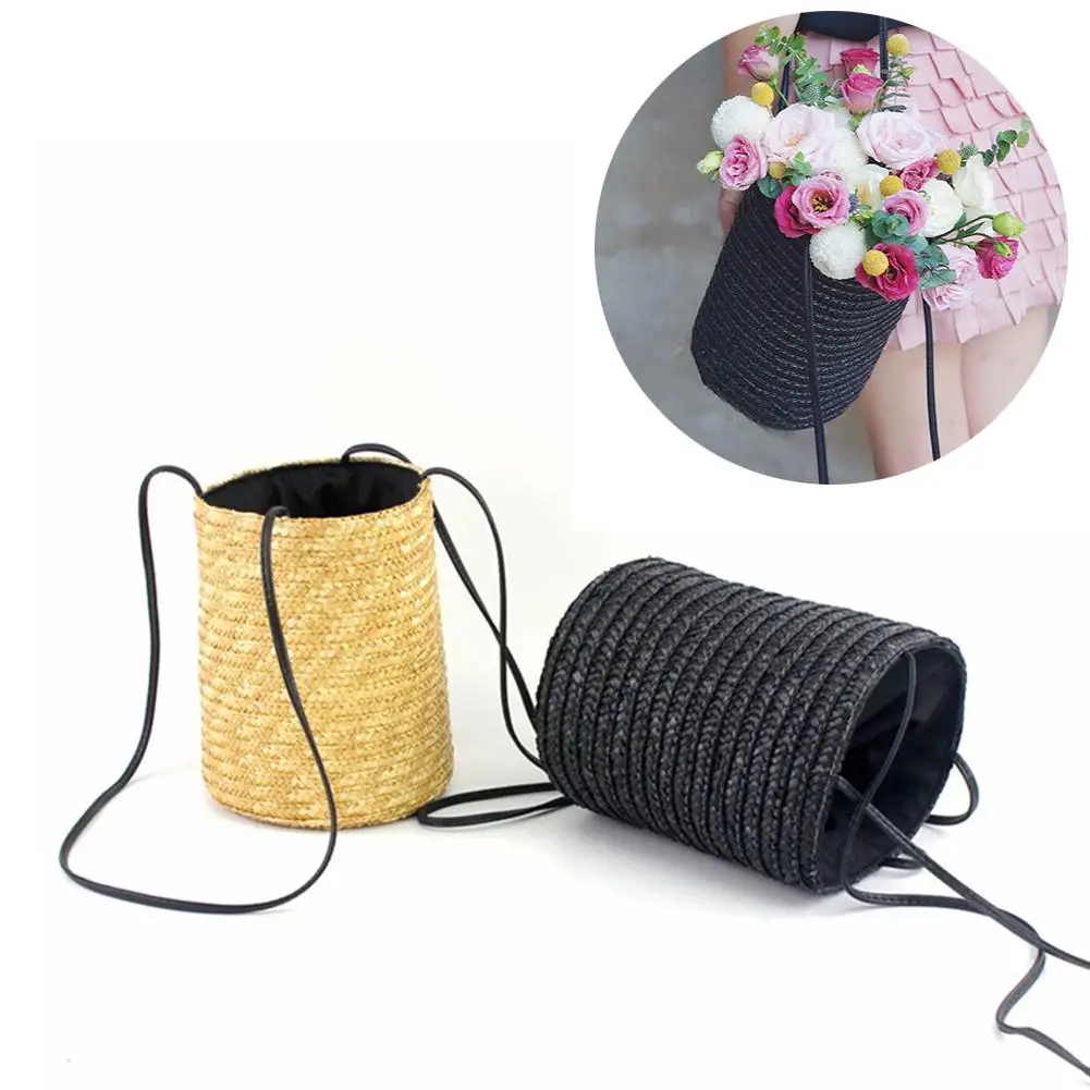 

Fashion Beach Handbag Handmade Woven Flower Basket Shoulder Bag Drawstring Hand Straw Braided Bucket Tote Hand Bags For Women